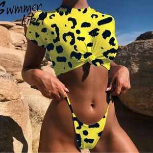 Yellow and Black Leopard Print Swim Set